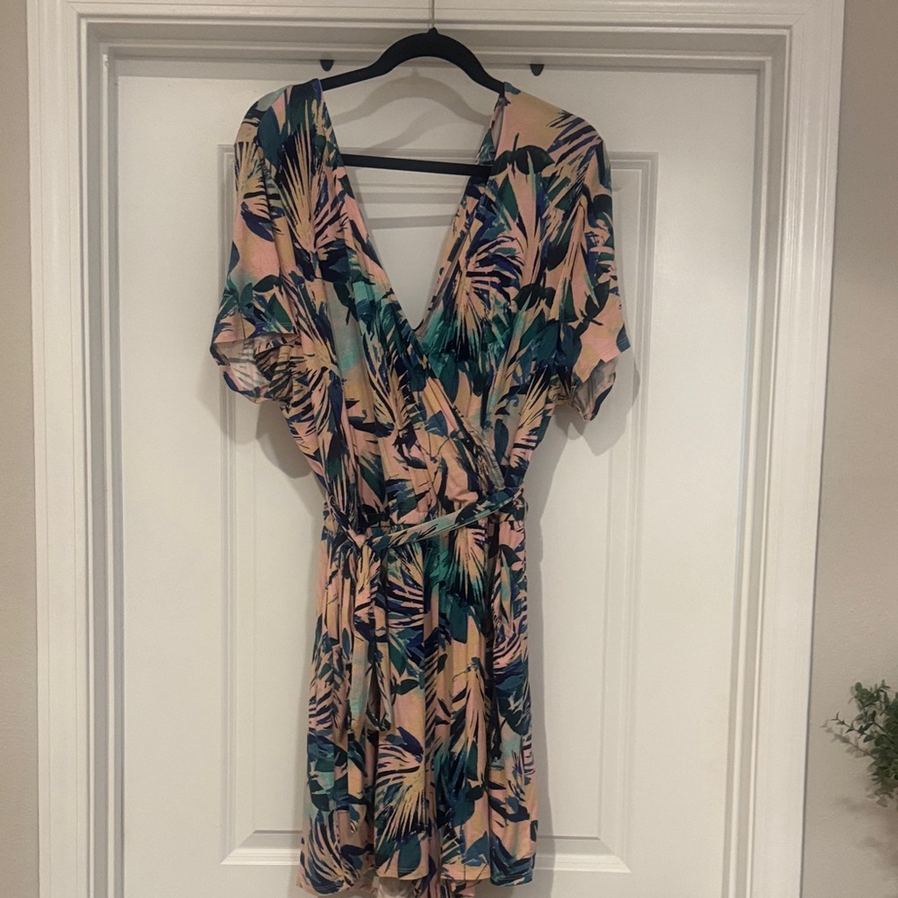 Floral Wrap Short Romper in Peach and Teal